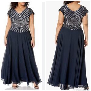 NWT J Kara Women's Plus Size Beaded Maxi Navy Mercury Dress Sz- 16P